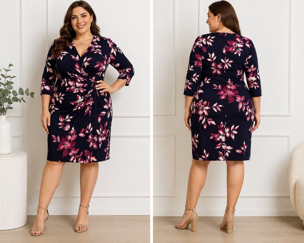 Lauren Ralph Lauren Plus Size 22W Floral Sheath Faux Wrap Midi Dress Navy Pink